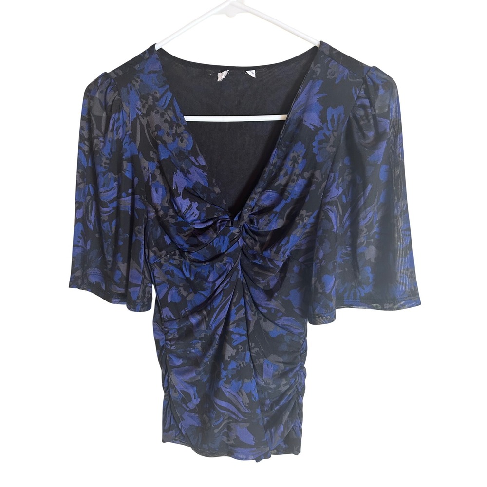 Evereve Floral Mesh Ruched Blouse Women S Blue Black Flutter Sleeve V-Neck
